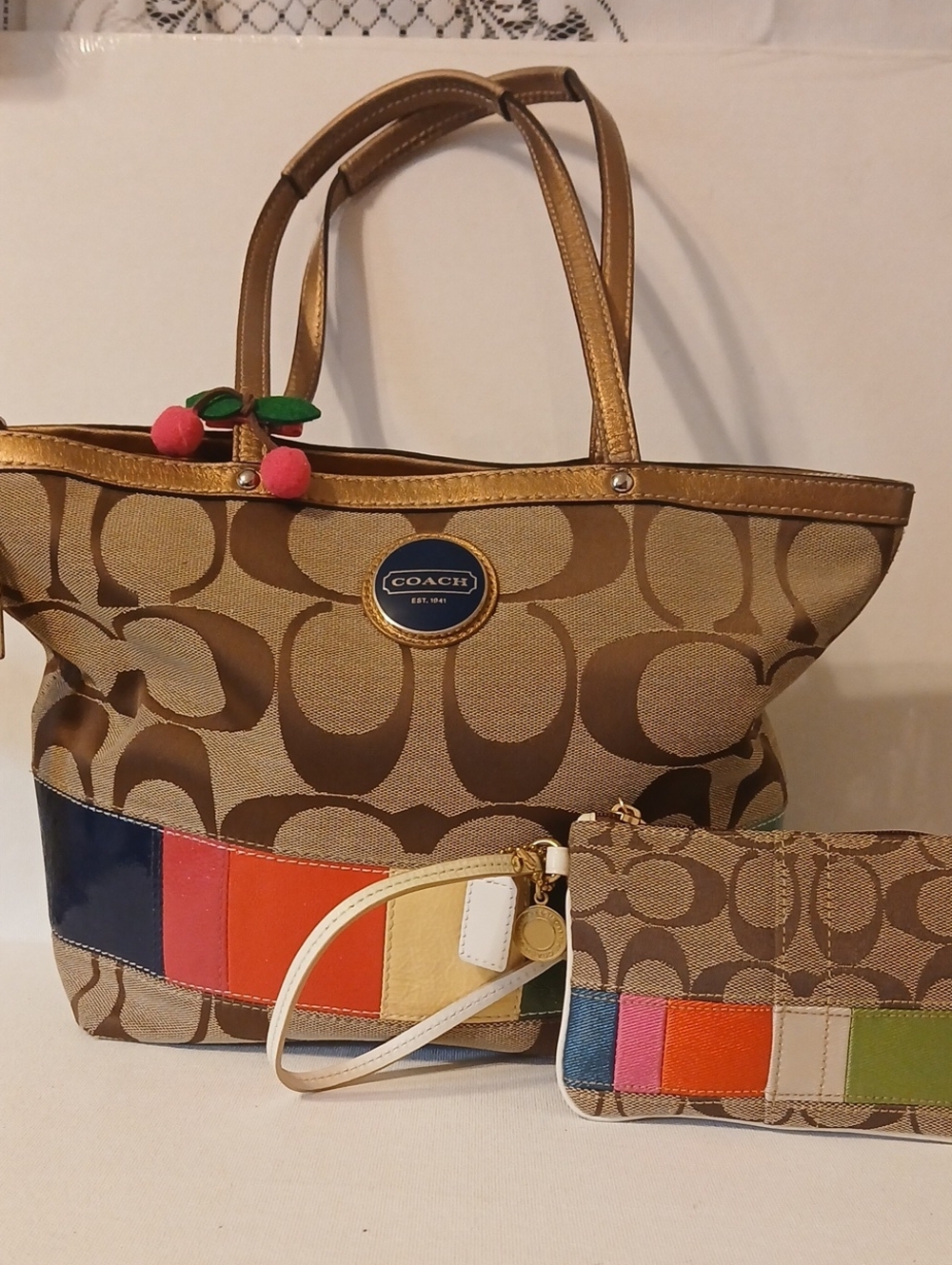 COACH Tan Signature Canvas Tote with Multicolor Patch Trim and Wristlet